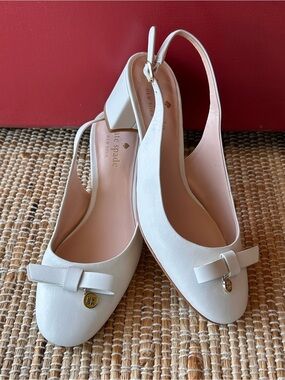 KATE SPADE s6.5 ‘Bachata’ White Bow Slingbacks-look NEW-leather-low block heel